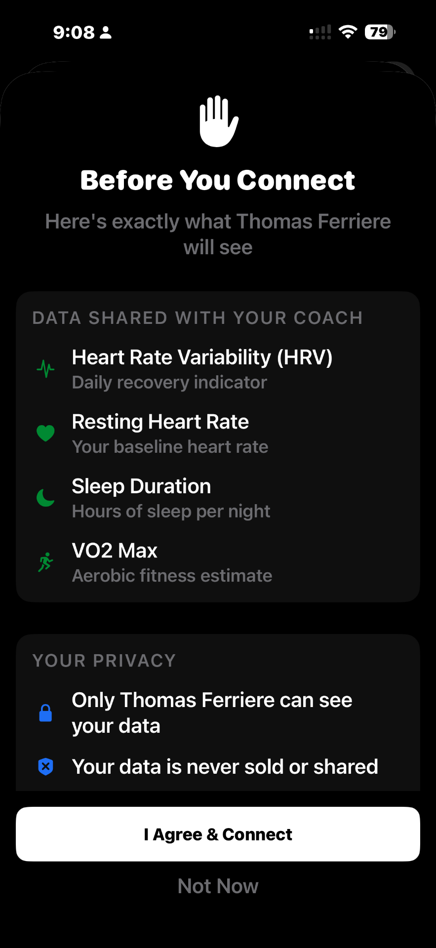 Readiness Pulse Before You Connect consent screen showing exactly what data will be shared with the coach
