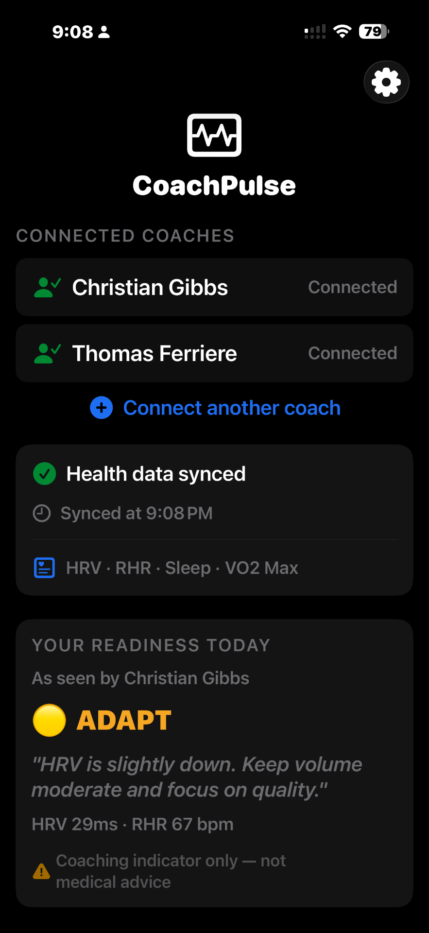 Readiness Pulse home screen showing connected coach, synced health data and today's readiness