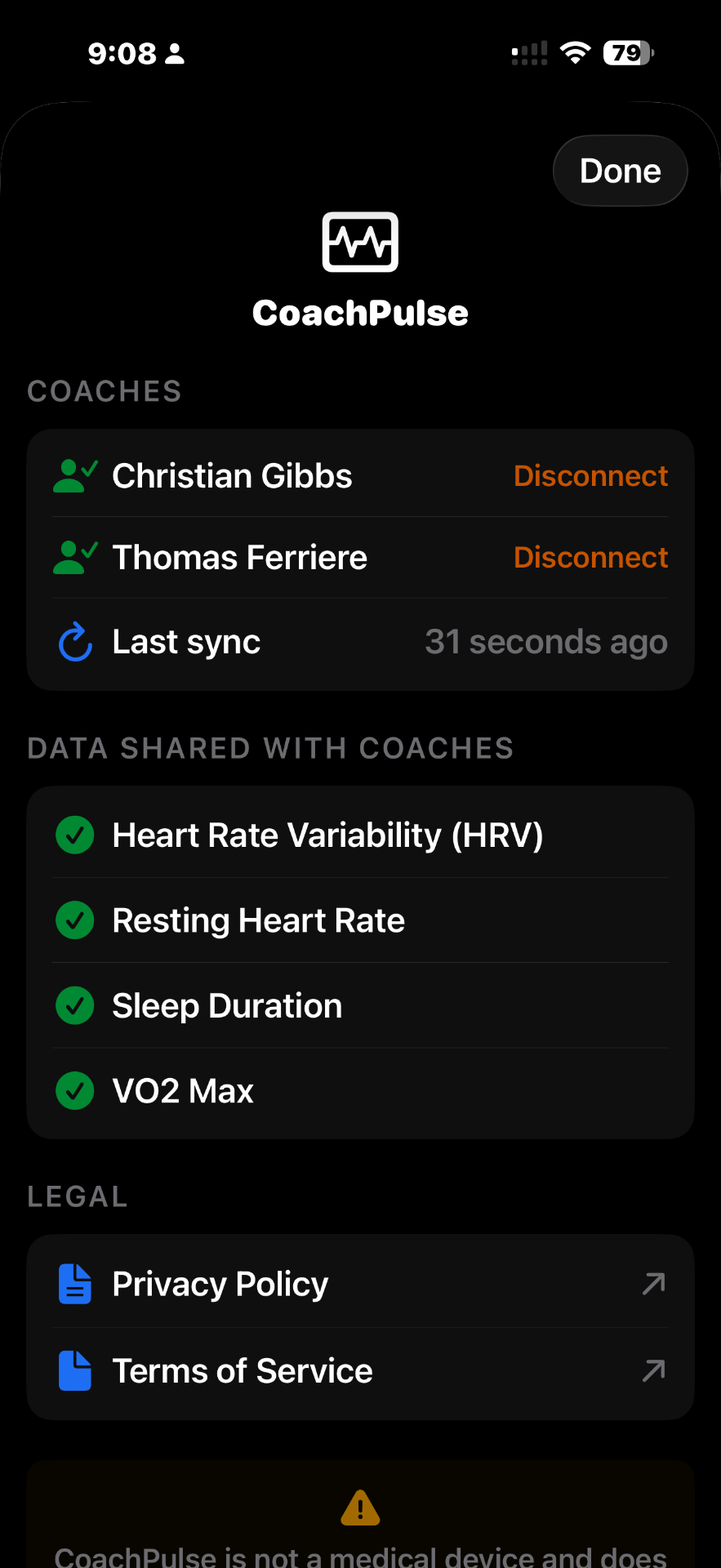 Readiness Pulse settings screen showing exactly which metrics are shared with your coach and a disconnect button